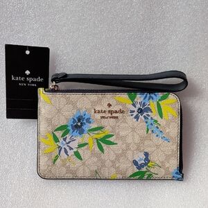 Kate Spade Beige Wristlet with Blue and Yellow Floral Design NWT